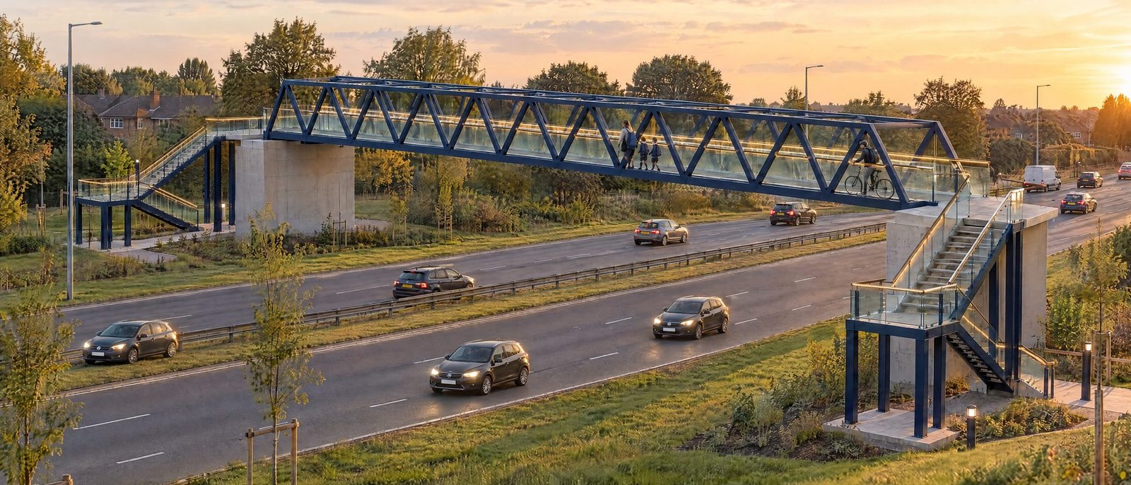 The finished Vanguard Footbridge at golden hour