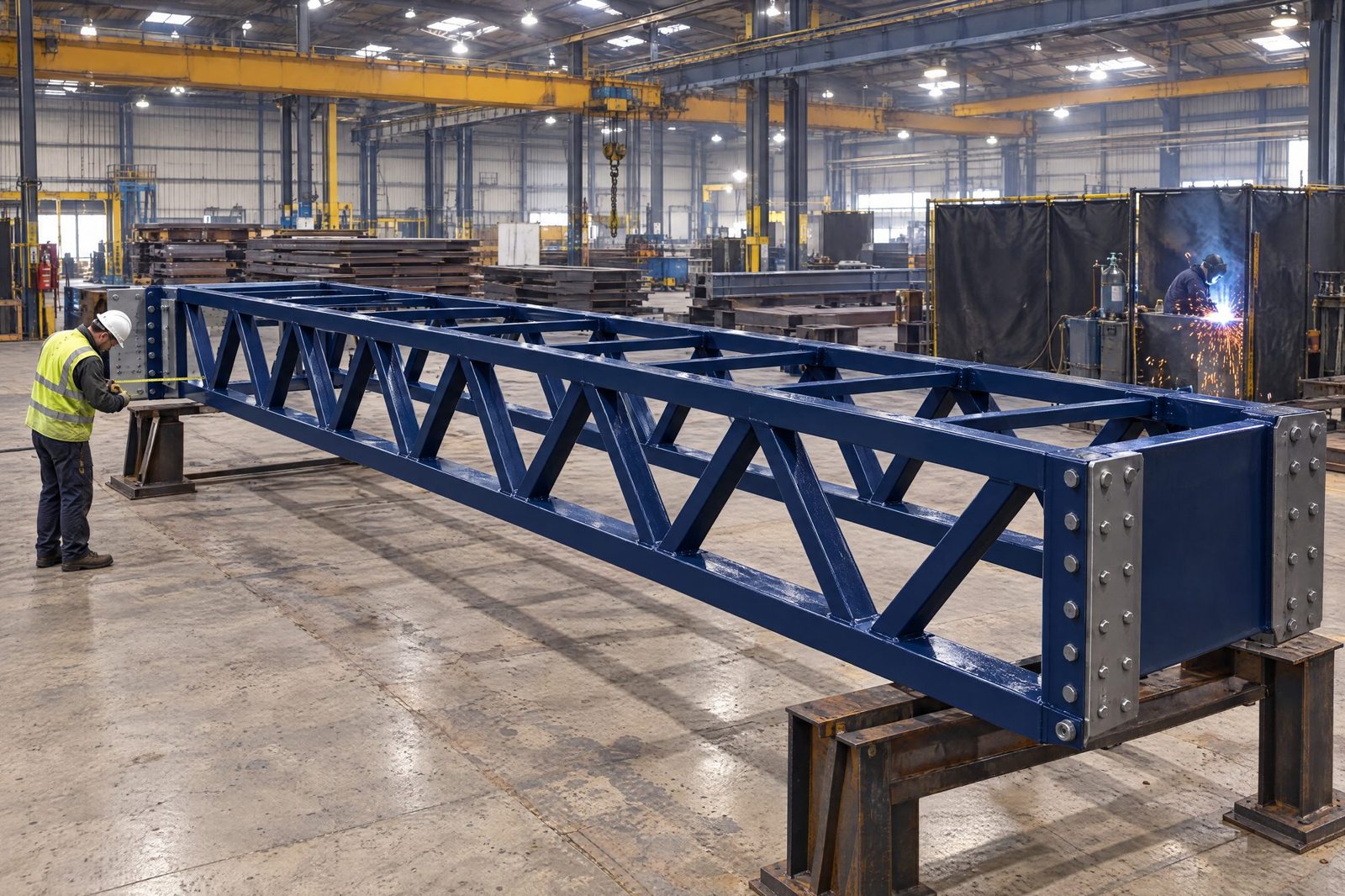 A truss section in the shop for the Vanguard Footbridge
