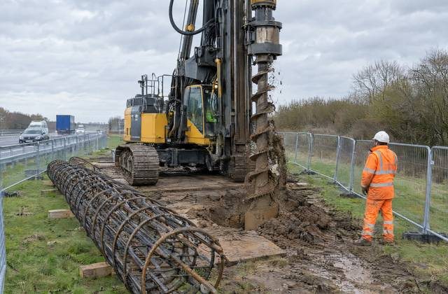 A piling crew in orange PPE beside a bored piling rig on the Vanguard Footbridge site