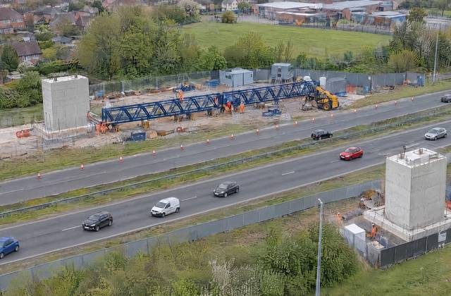 The Vanguard Footbridge site from the air in week 20, with both abutments beside the dual carriageway
