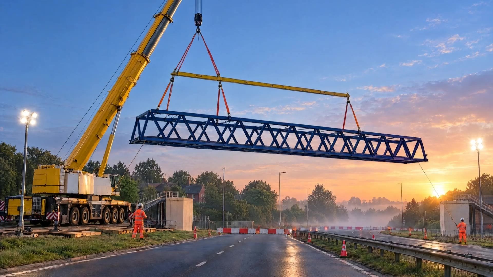 A crane lifts the Vanguard Footbridge steel span over a closed dual carriageway at dawn. AI illustration.
